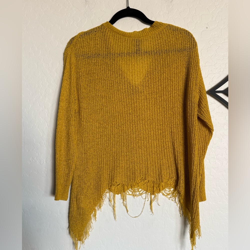 VENTI6 Women’s Mustard Yellow V-Neck Destructed Fringe Sweater - Med - Picture 3 of 3